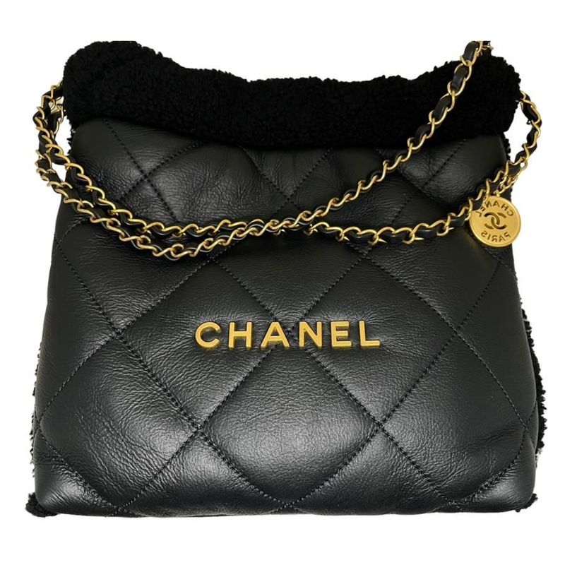 Chanel 22 Small Handbag Chain Bag Shearling Aged Lambskin Black Gold Hardware — view 2