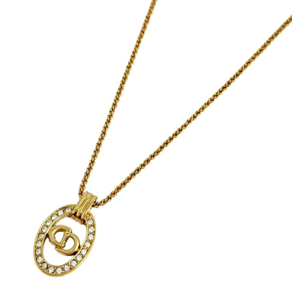 Dior Logo Rhinestone Necklace CD Oval Gold Plated
