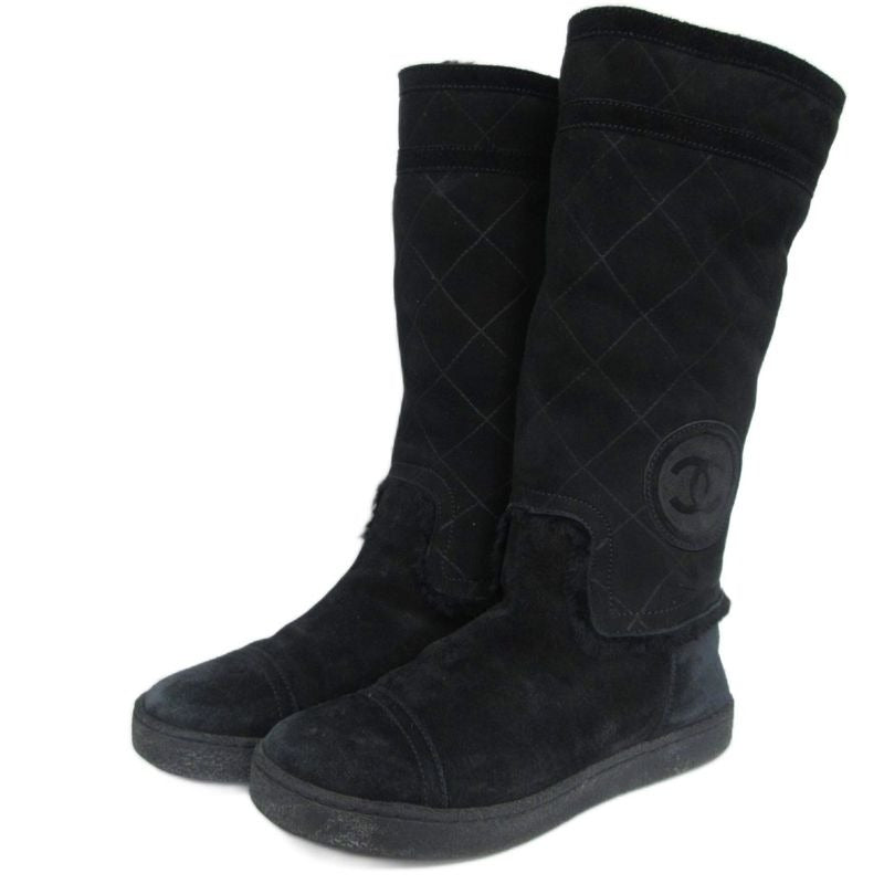 Chanel Quilted Mouton Long Boots Coco Mark Leather 35 Black
