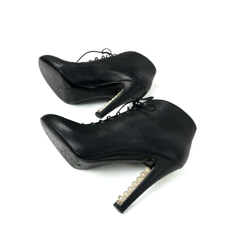 Chanel Boots Short Shoes Leather Black Booties Lace Up Coco Mark Pearl — view 6