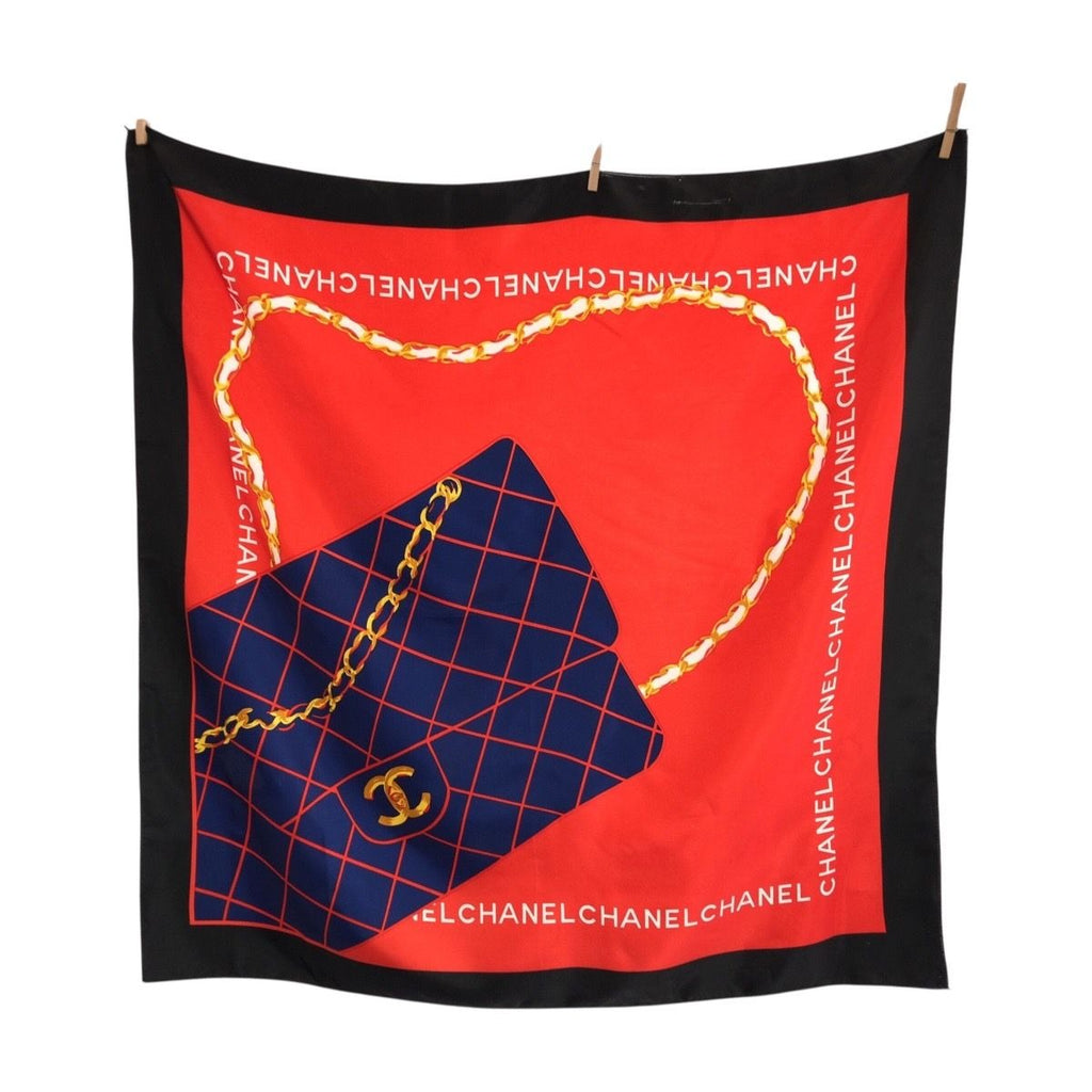 Chanel CC Logo Quilted Pattern Red Navy Black Silk Scarf