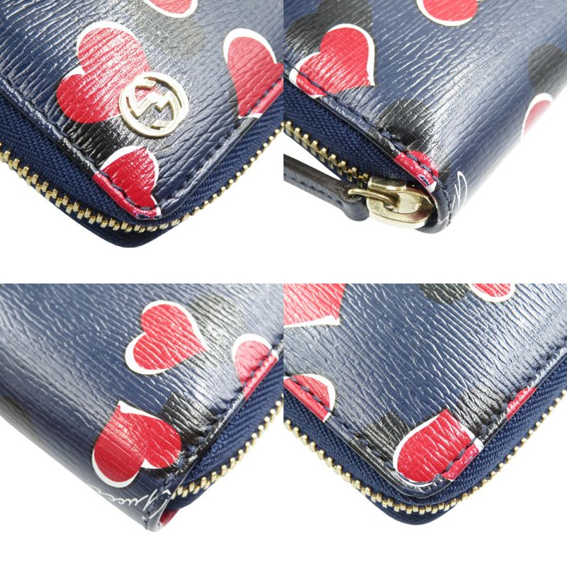 Gucci Heart Leather Gold Hardware Navy Red Round Zipper Long Wallet 1200 — view 7