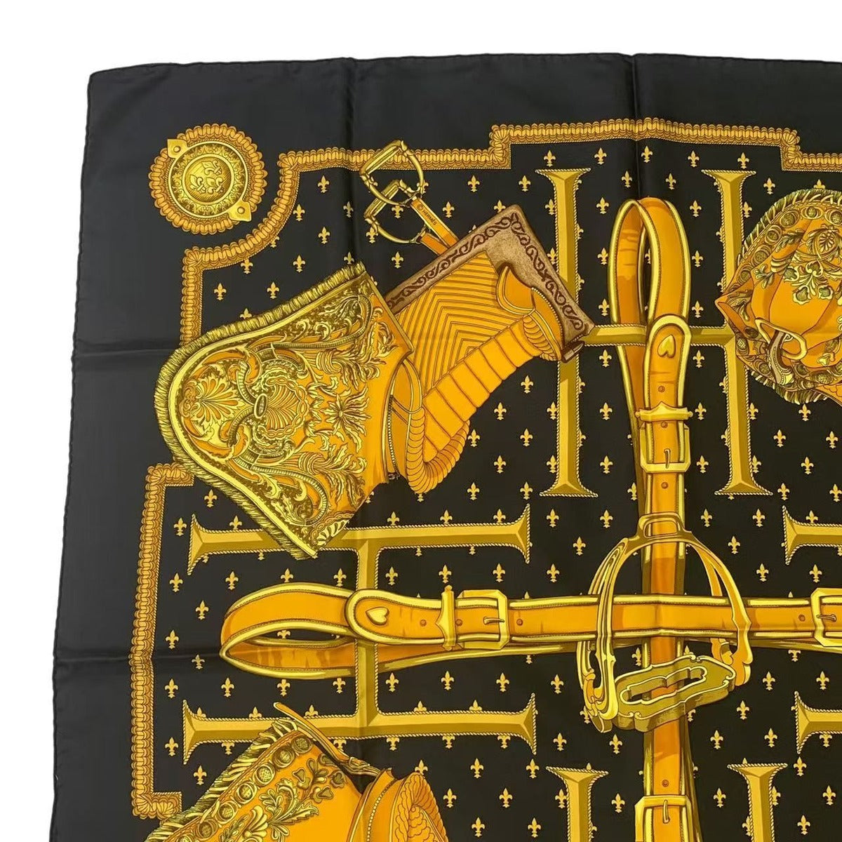 Hermes Carre 90 Selles a Housse Cover Scarf Silk Black — view 2