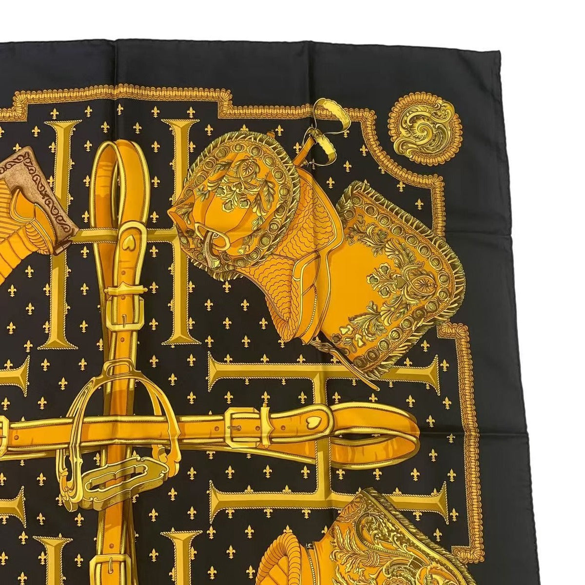 Hermes Carre 90 Selles a Housse Cover Scarf Silk Black — view 3