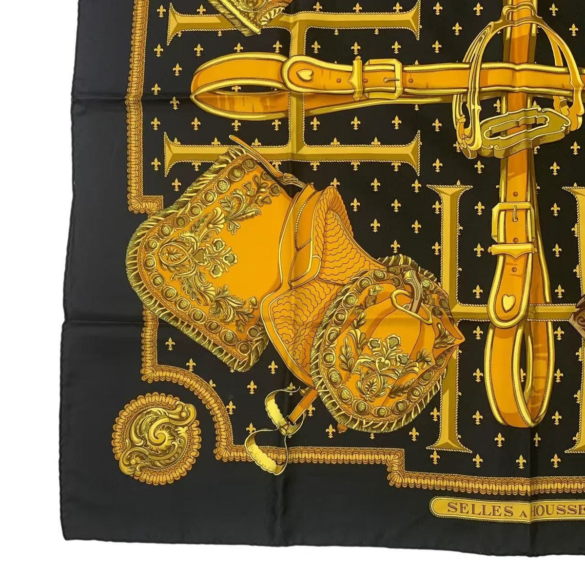Hermes Carre 90 Selles a Housse Cover Scarf Silk Black — view 4