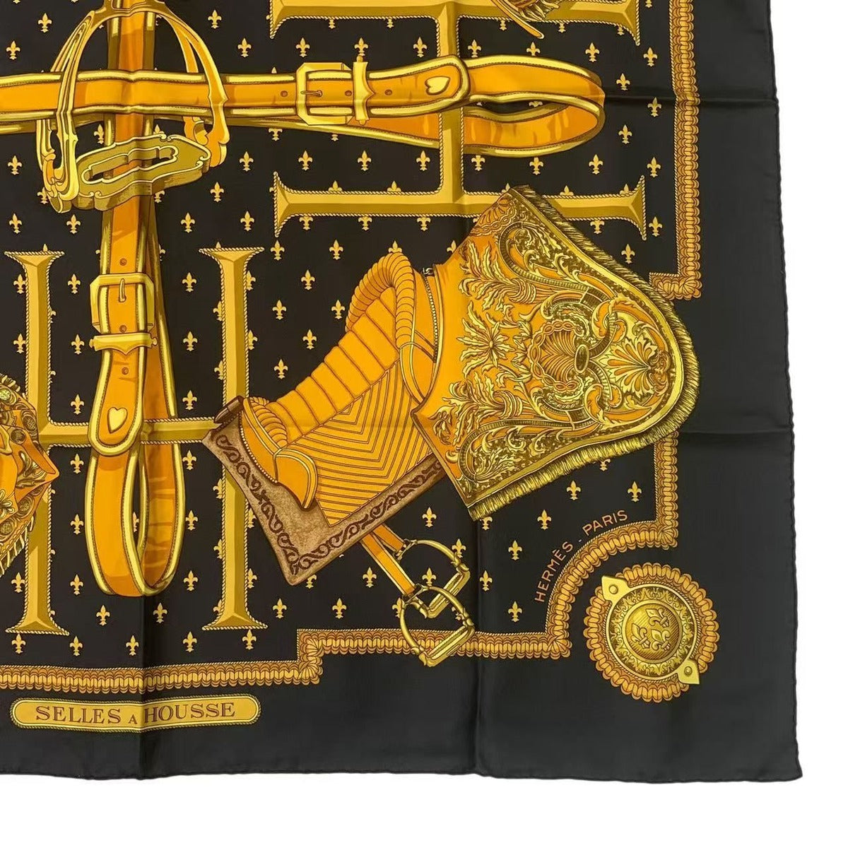 Hermes Carre 90 Selles a Housse Cover Scarf Silk Black — view 5
