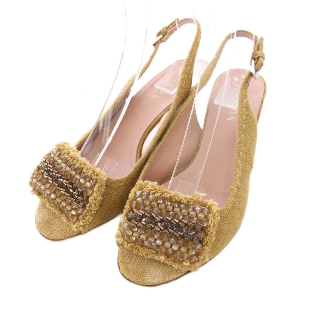 Prada Wedge Sole Sandals Strap Beads 37.5 Beige TK