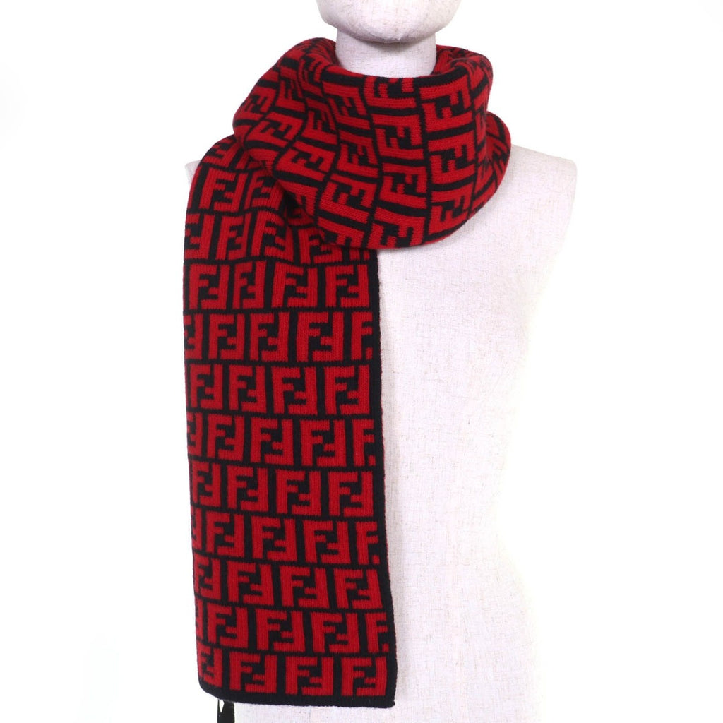 Fendi Wool FF Logo Zucca Pattern Knit Scarf Red Black — view 2