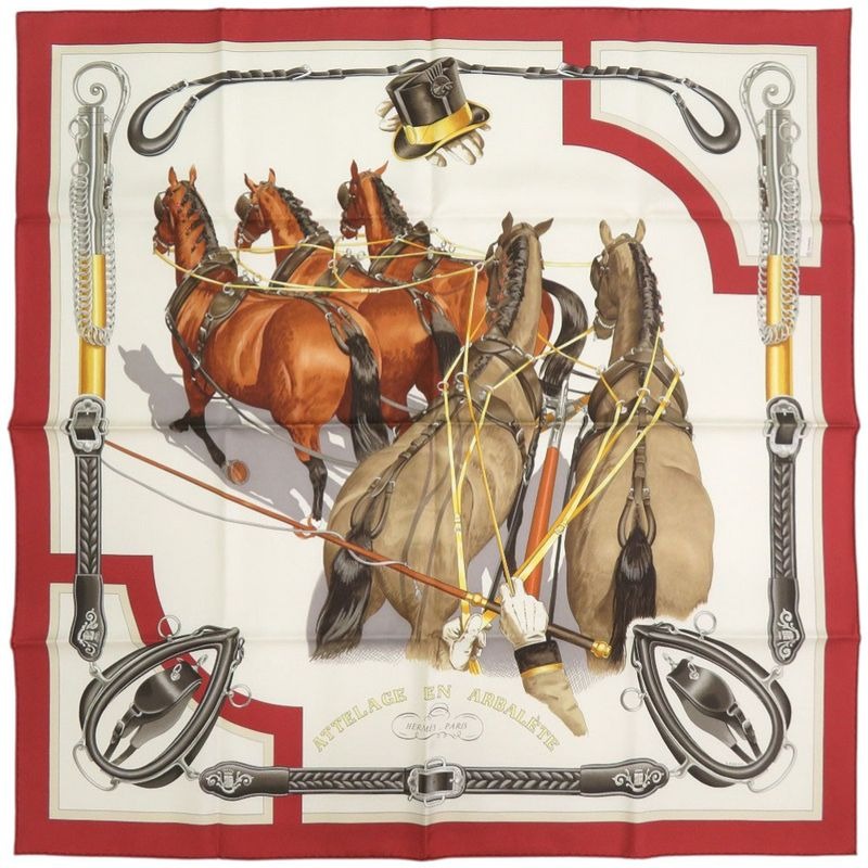 Hermes Carre 90 Attelage en Arbalete Arched Linked Silk Multicolor Scarf 1546