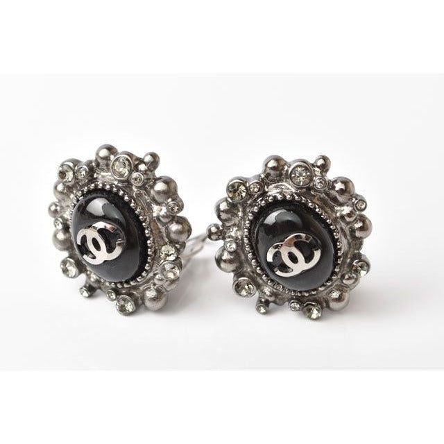 Chanel Earrings Accessories Coco Mark CC Rhinestone Gunmetal — view 3