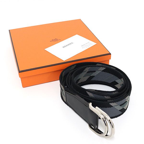Hermes Double Dring Canvas Belt Black And Gray Silver Hardware Stamped — view 7