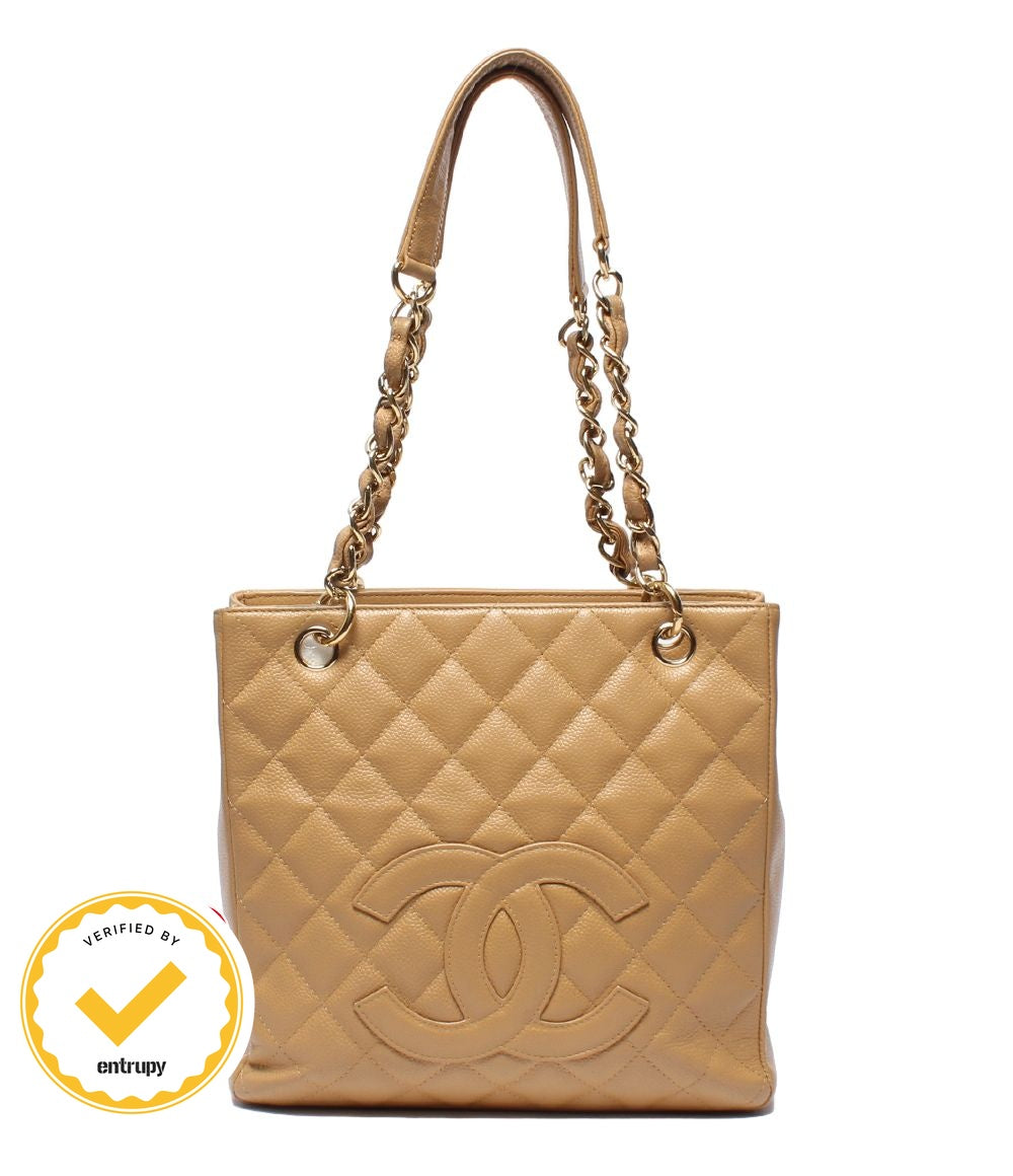 Chanel Chain Tote Petite Shopping PST Shoulder Bag Quilted Caviar Leather Gold