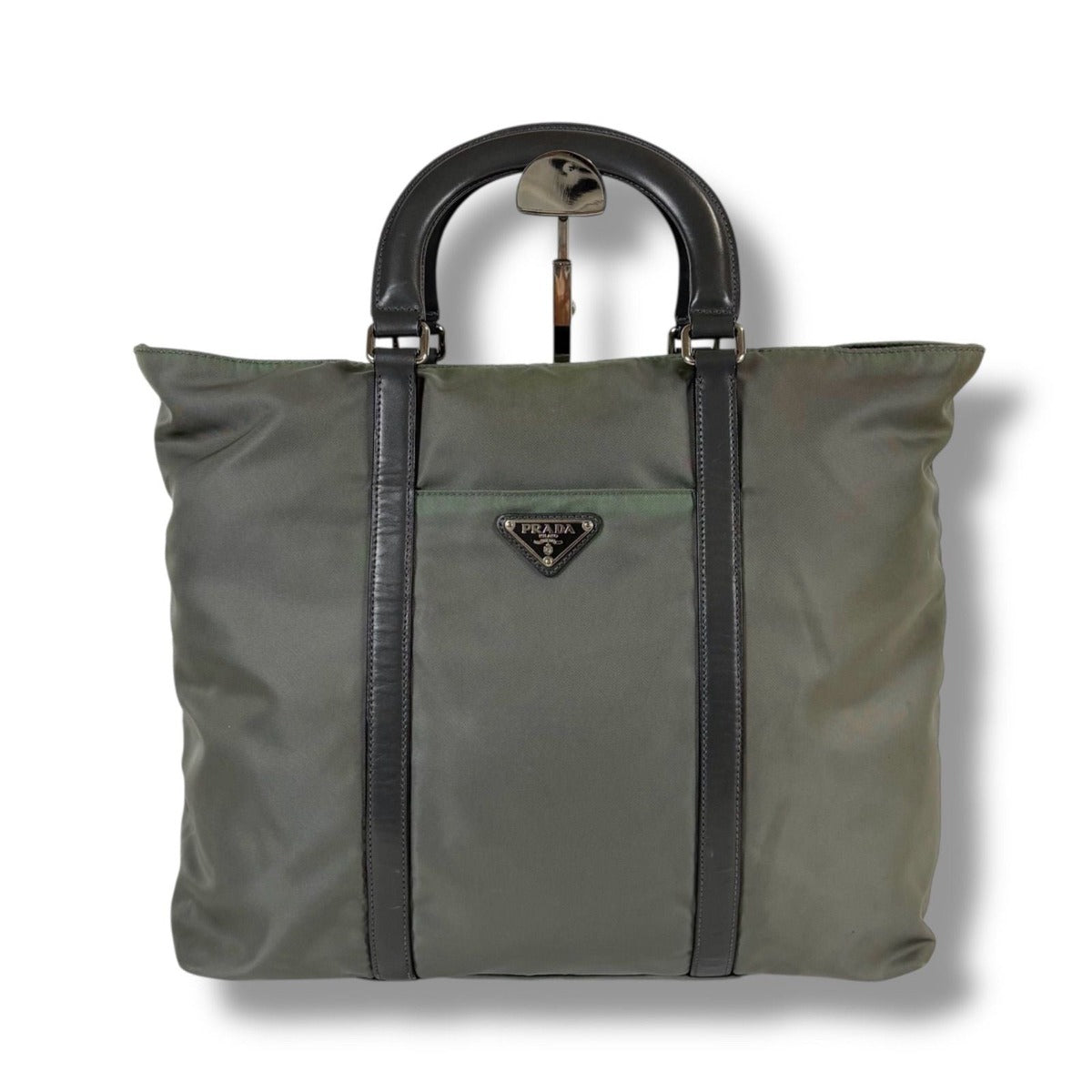 Prada 2-Way Tote Bag Tesuto Nylon Gray Khaki Triangle Logo — view 2