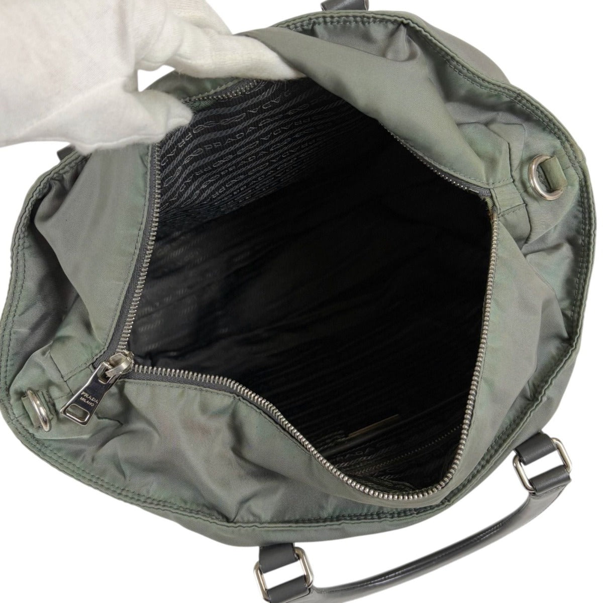 Prada 2-Way Tote Bag Tesuto Nylon Gray Khaki Triangle Logo — view 6