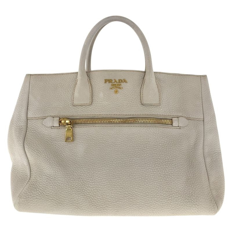Prada Vitello Off White Ivory Gold Hardware Leather Tote Handbag