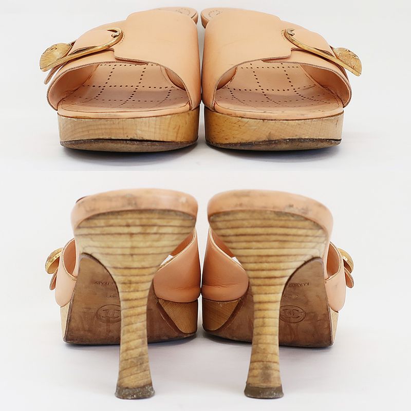 Chanel Sandals Mule Wood Button Coco Mark Pink Beige Size 35.5 — view 4