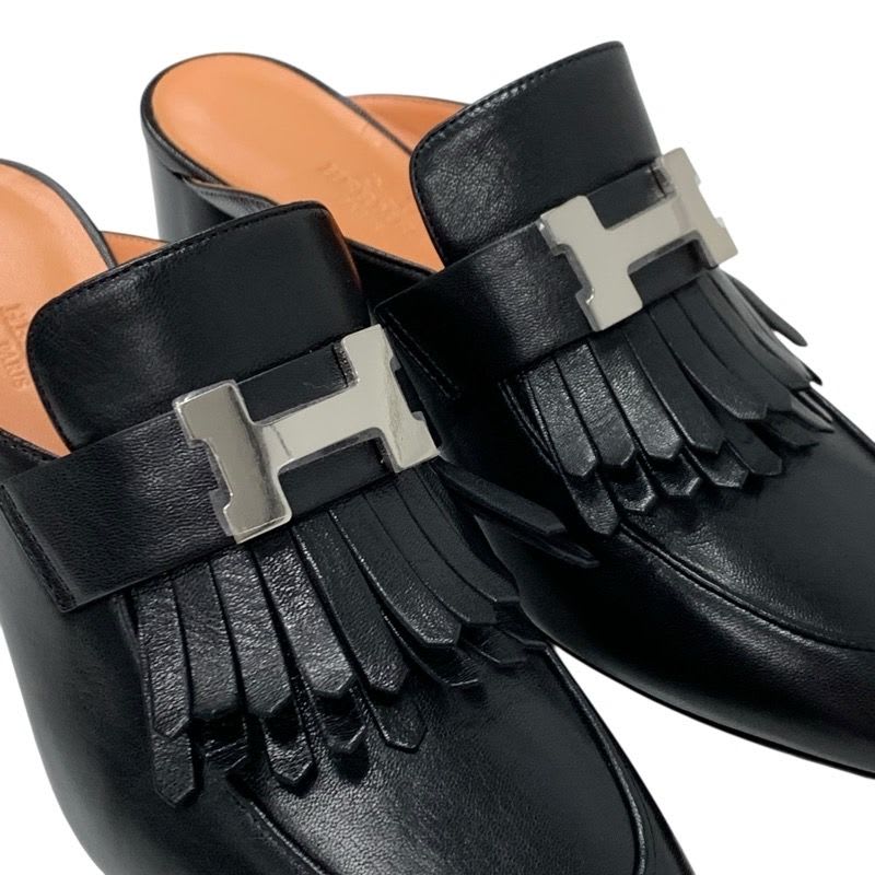 Hermes Cheilly Loafer Leather Shoes Black Silver Hhardware Constance — view 9
