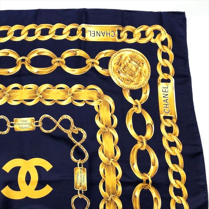 Chanel Chain Logo Scarf Large Silk 100% Navy — view 3