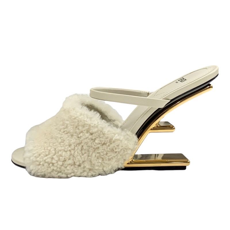 Fendi First Sandals Mule Party Shoes Metal Heel Sheepskin Beige — view 3