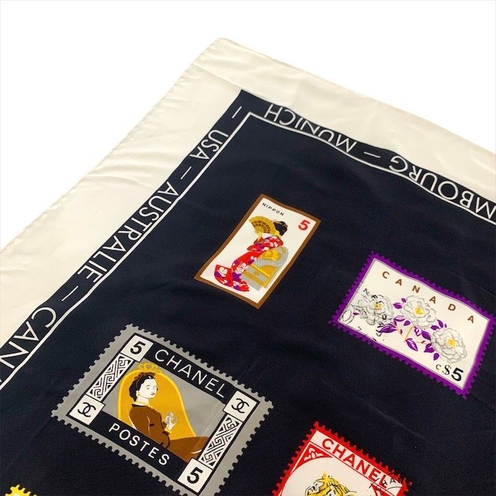 Chanel CC Logo Large Scarf Silk Worl Pattern Black Red White — view 6