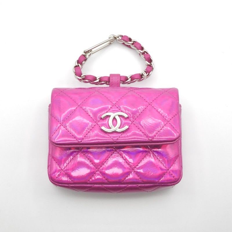 Chanel Charm Metallic Pink Silver Quilted Pouch With Hook Ears — view 2