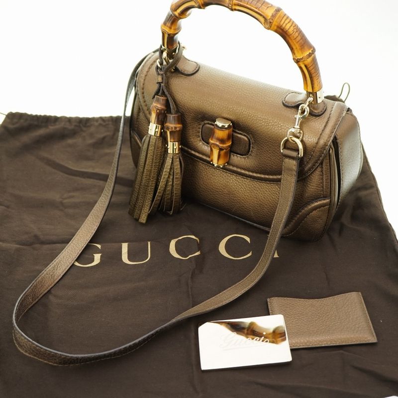Gucci New Bamboo Shoulder Handbag Leather With Gold Strap 0020 — view 2