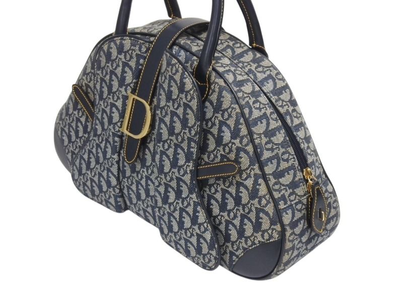 Dior Double Saddle Bag Trotter Canvas Leather Navy Gold — view 4