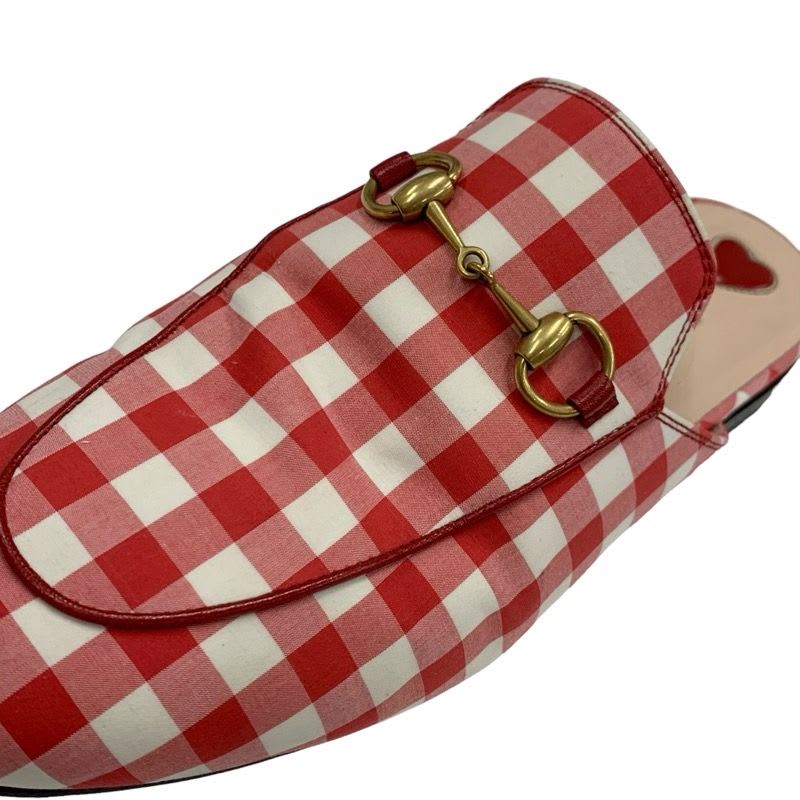 Gucci Prince Town Flat Shoes Fabric Red White Gold Mule Slipper Sandals Check — view 9