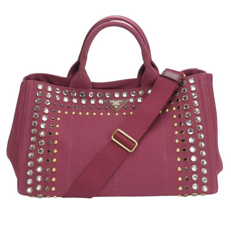 Prada Tote Bag Canapa B2642 O Studded Canvas Amaranto Wine Red Gold Hardware