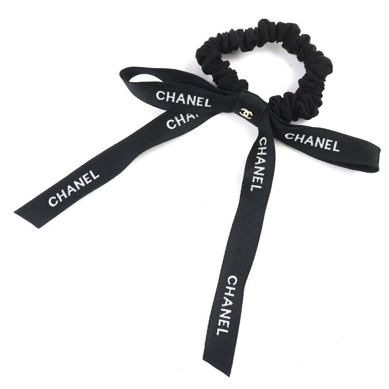 Chanel 24 B Coco Mark Logo Ribbon Chouche Hair Tie Accessory Black White
