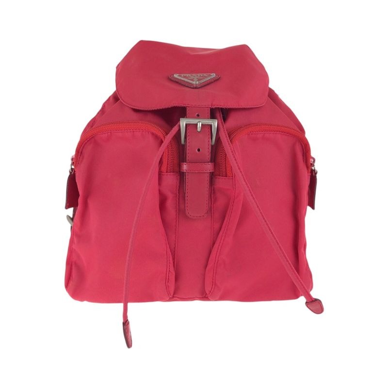 Prada Tessuto Triangle Logo Plate Red Silver Hardware Nylon Leather Rucksack Day