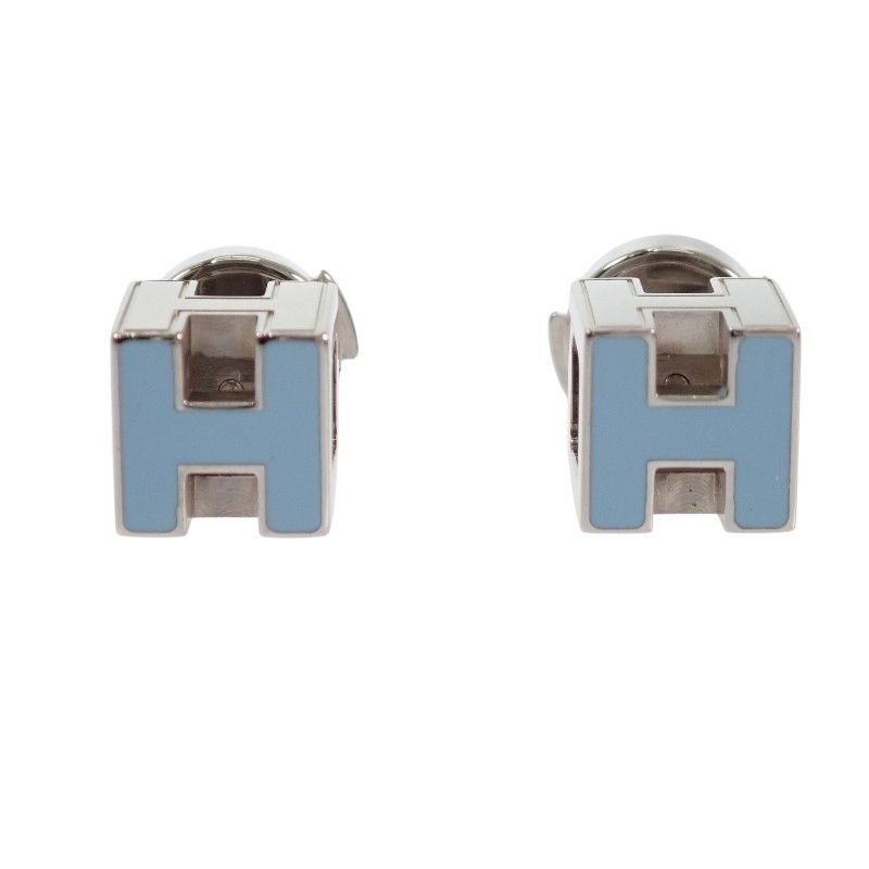 Hermes Cage Ash Cube Earrings Stud Both Ears Metal Blue Silver
