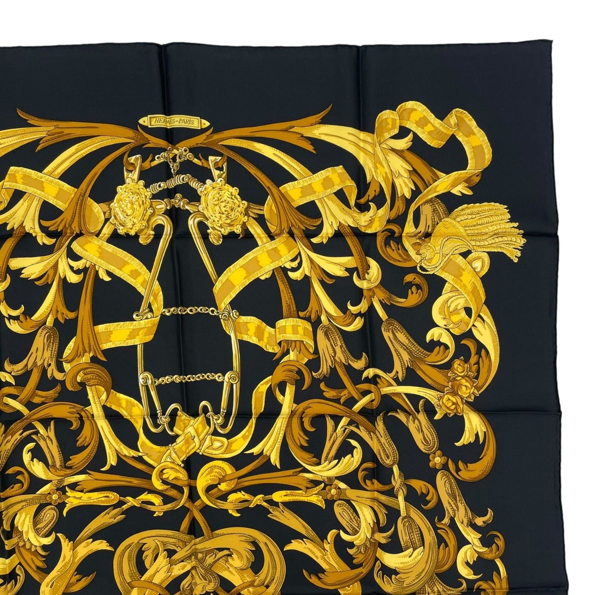 Hermes Scarf Silk Carre 90 Lemors a la Conetable Elegance Gold Black — view 3