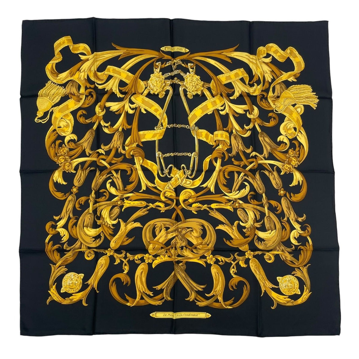 Hermes Scarf Silk Carre 90 Lemors a la Conetable Elegance Gold Black