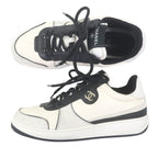Chanel Leather Suede CC Logo Low Cut Sneakers Ivory Black — view 3