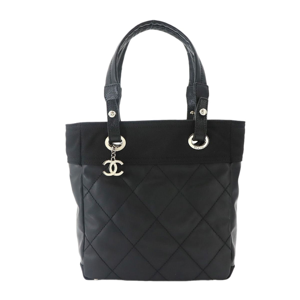 Chanel Paris Biarritz PM Tote Nylon Leather Black Silver