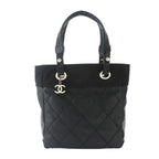 Chanel Paris Biarritz PM Tote Nylon Leather Black Silver