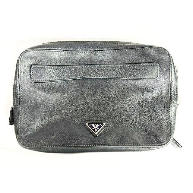 Prada Clutch Second Triangle Logo Saffiano Leather Black Aa