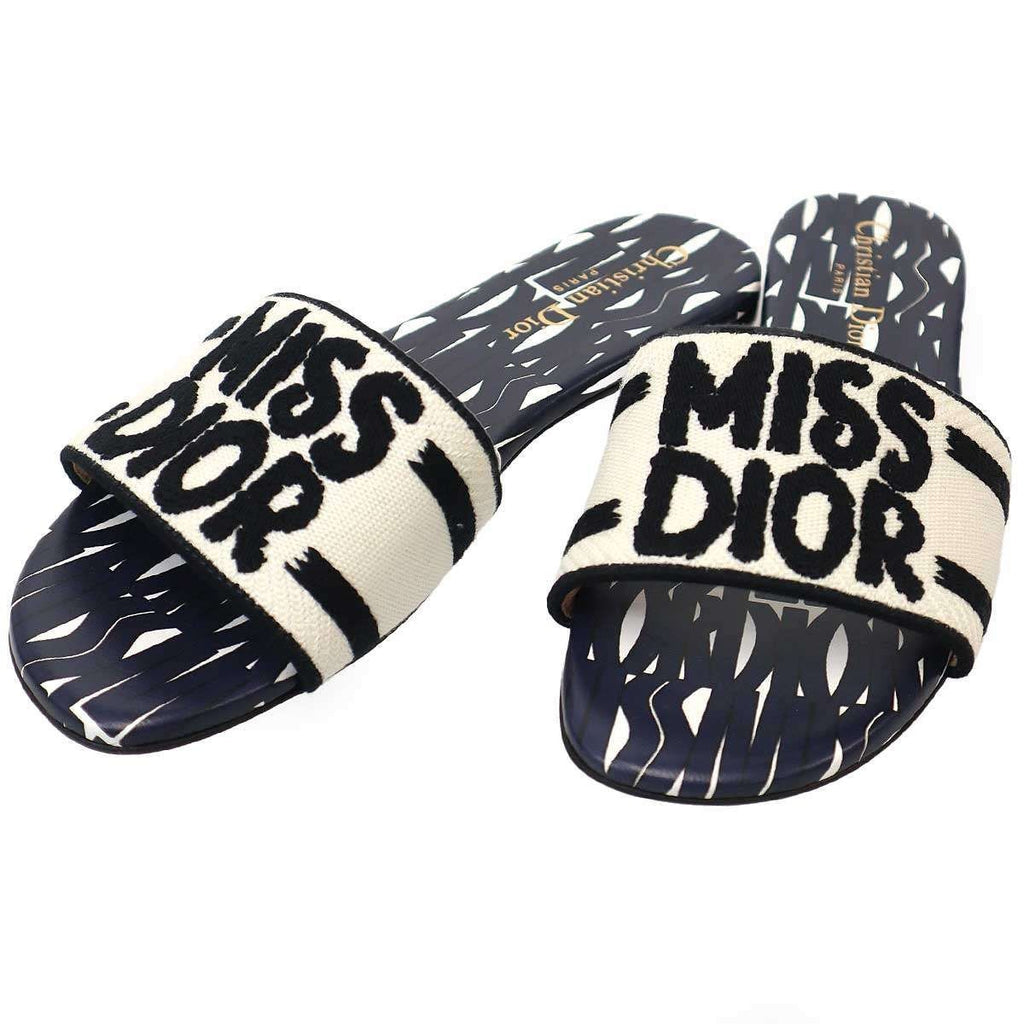 Dior Christian Dway Miss Slide Sandals Navy White 37