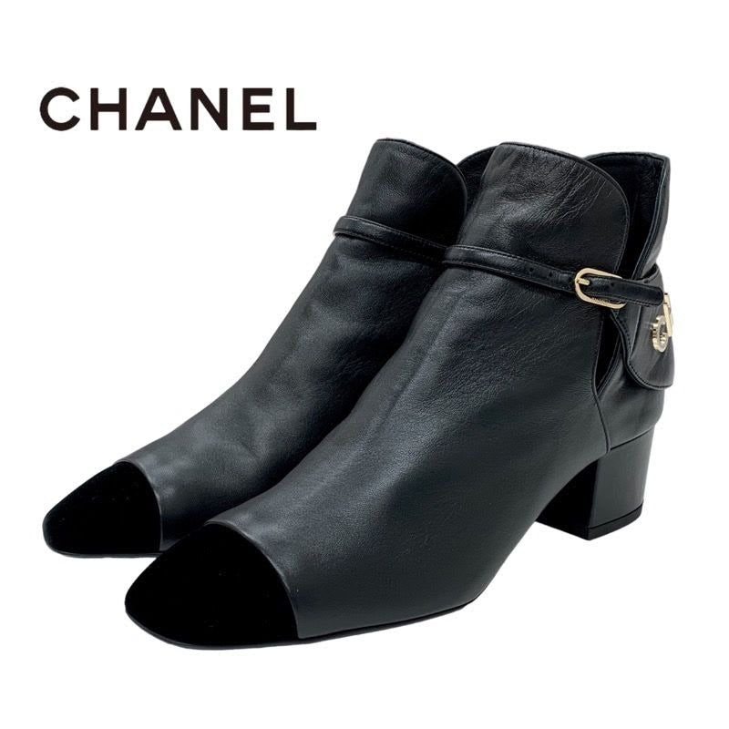 Chanel Boots Short Shoes Leather Velor Black Logo