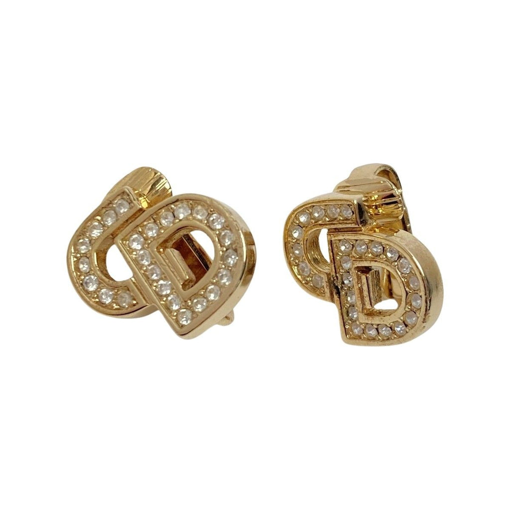 Christian Dior CD Logo Rhinestone Earrings Gold GP Vintage