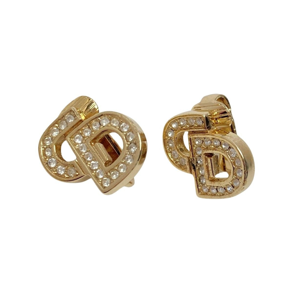 Christian Dior CD Logo Rhinestone Earrings Gold GP Vintage