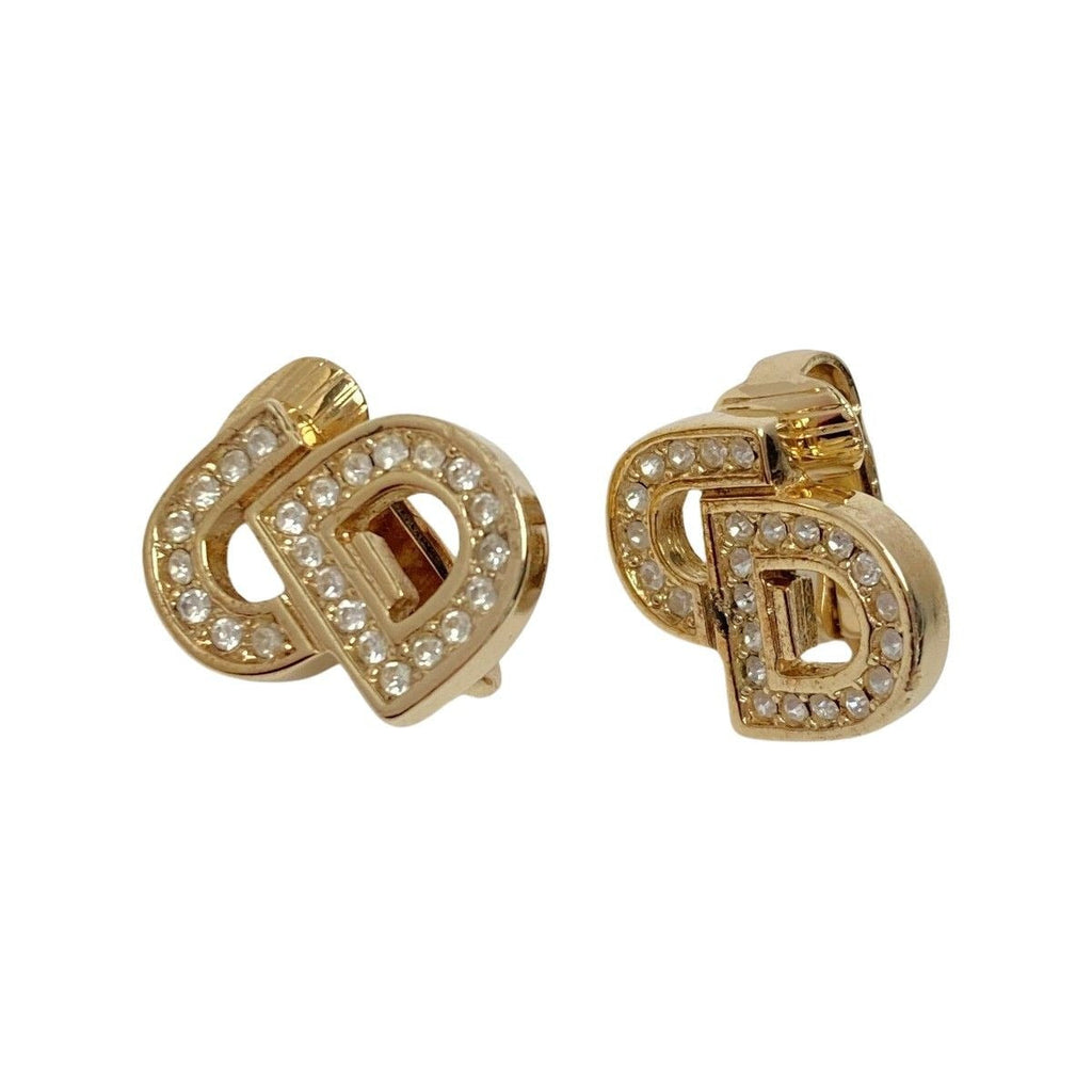 Christian Dior CD Logo Rhinestone Earrings Gold GP Vintage — view 2