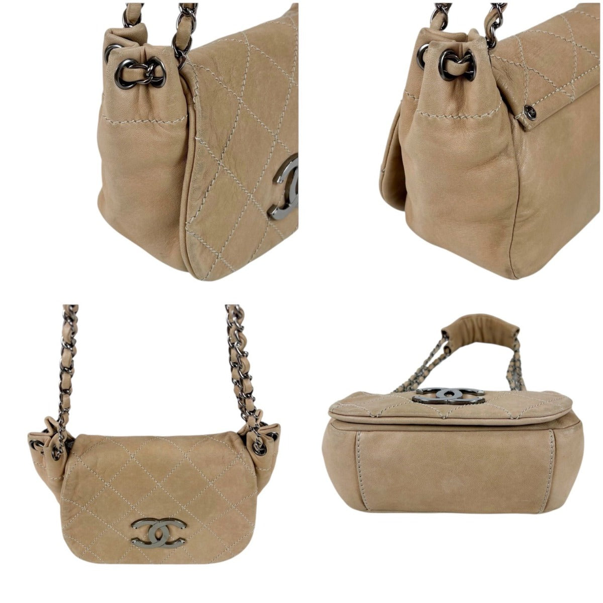 Chanel CC Logo Leather Chain Shoulder Bag Mini Beige Quilted — view 4