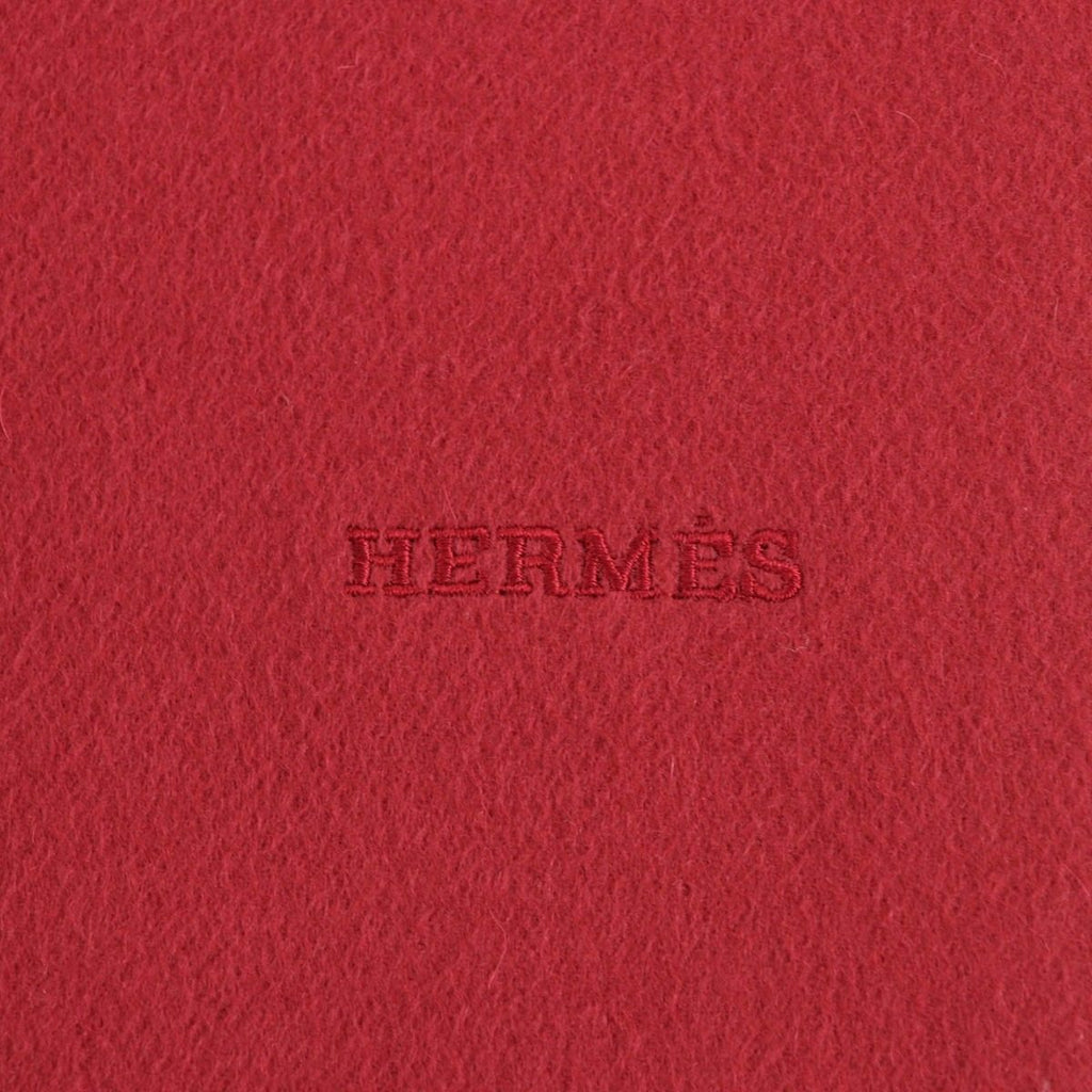 Hermes Cashmere Logo Embroidery with Fringe Large Shawl Scarf Red — view 6
