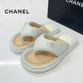 Chanel CC Logo Leather Thong Sandals White