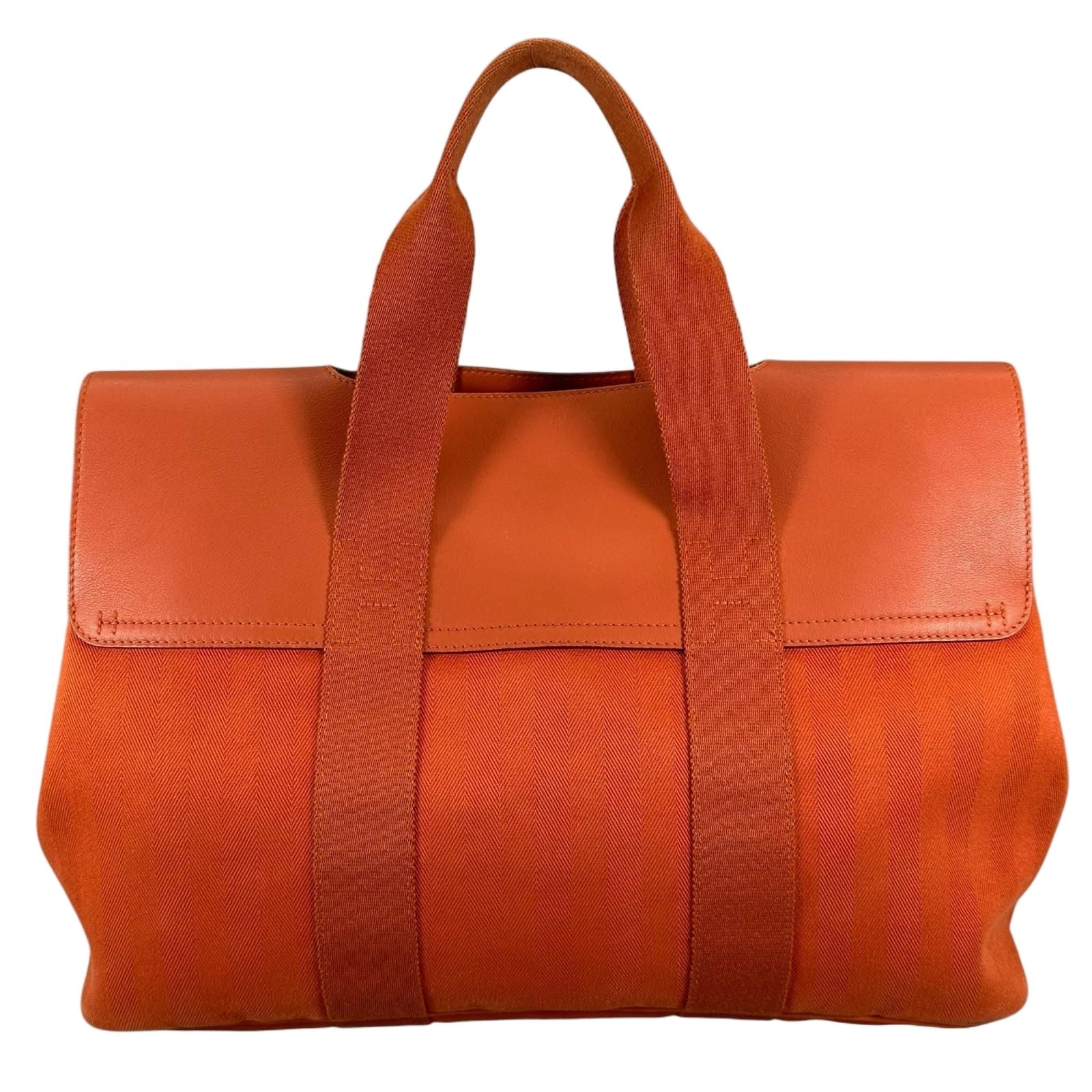 Hermes Valparaiso MM Toileche Blanc Leather Canvas Orange Handbag Silver — view 2