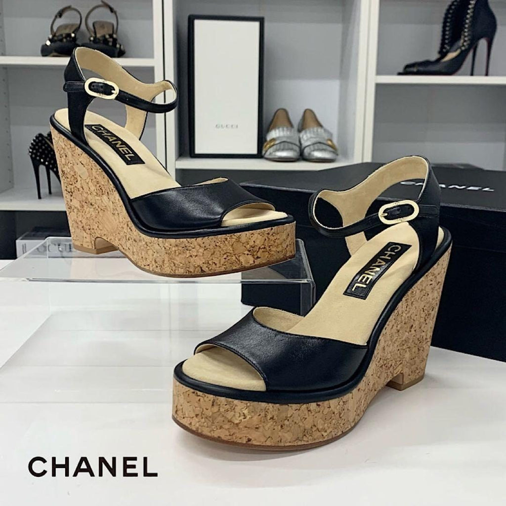 Chanel CC Logo Cork Leather Wedge Sole Sandals Black