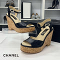Chanel CC Logo Cork Leather Wedge Sole Sandals Black