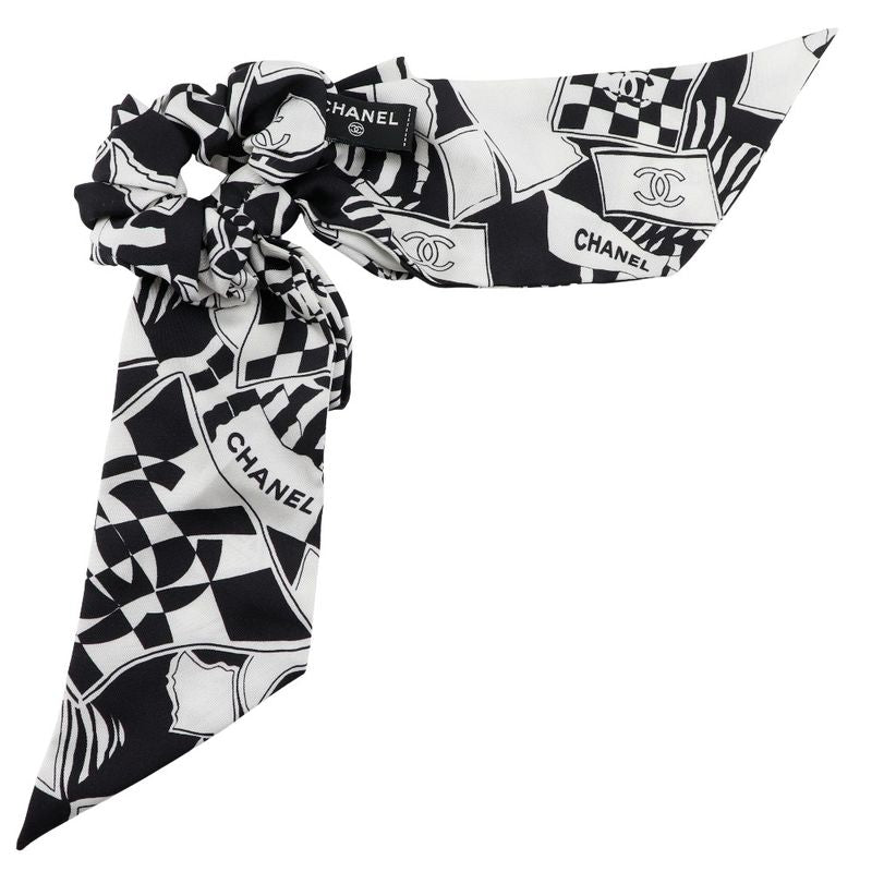 Chanel Chou Coco Mark Logo Ribbon Silk Black White Hair Tie — view 2